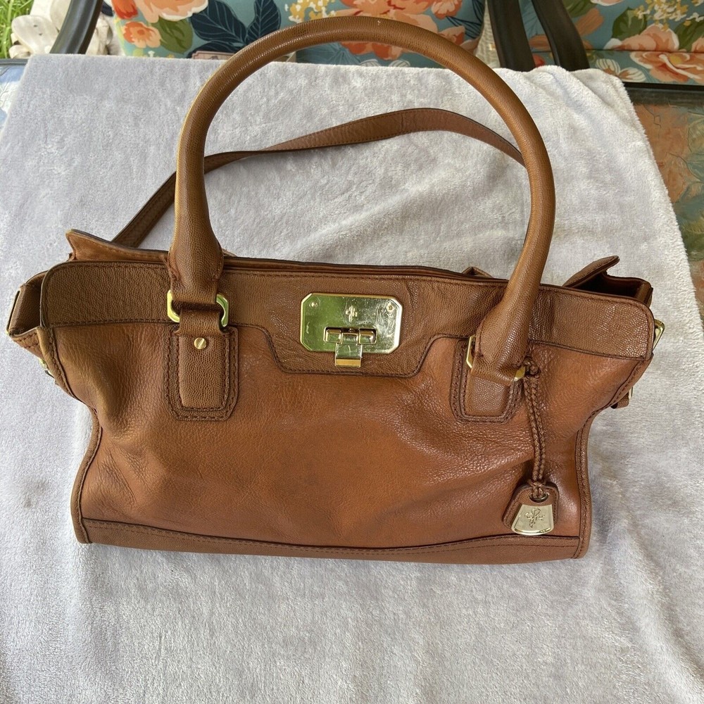 COLE HAAN Brown Bag Pebbled leather Large Satchel Handbag Purse Tote Brass Snaps